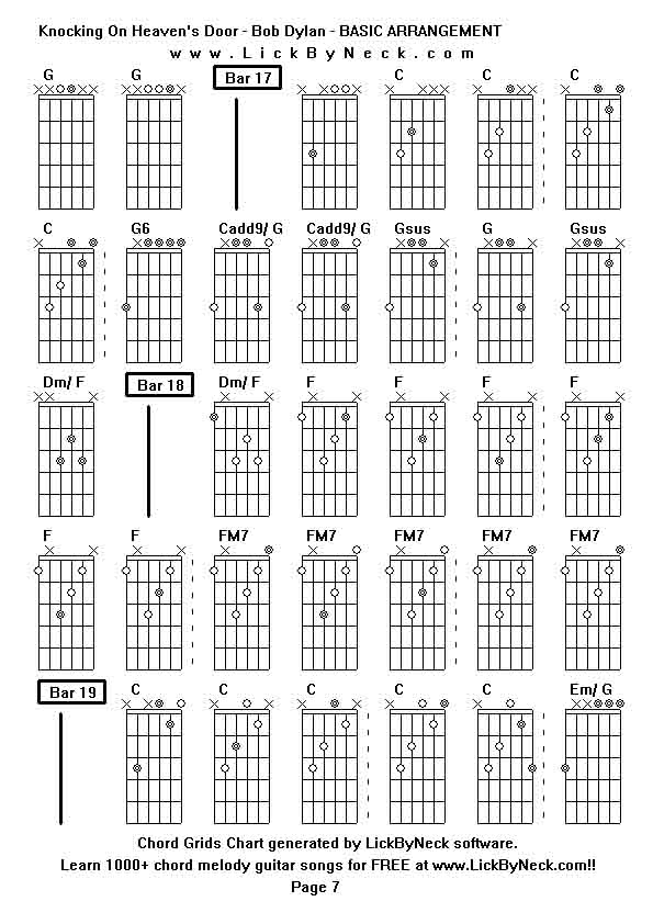 Chord Grids Chart of chord melody fingerstyle guitar song-Knocking On Heaven's Door - Bob Dylan - BASIC ARRANGEMENT,generated by LickByNeck software.